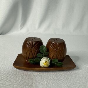 Wooden Carved Pineapple Salt And Pepper Shakers Wood Tray Made In Philippines